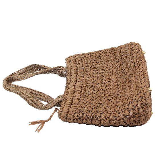 Vintage 1970's Raffia Straw Crochet Floral Embellishments Double Handled Purse - Picture 6 of 16